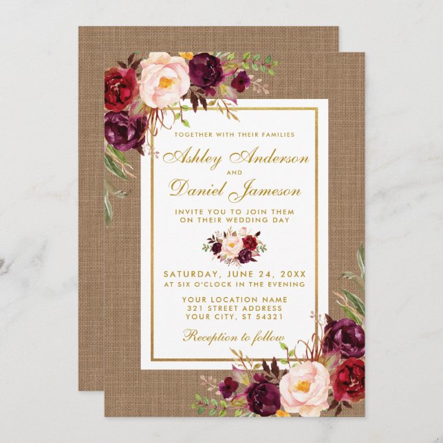 Rustic Wedding Burlap Burgundy Wedding Invite (Front/Back)