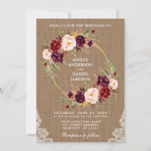 Rustic Wedding Burlap Floral Wreath Lace Invite B