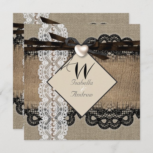 Rustic Wedding Burlap Hessian Lace Pearl Heart Invitation (Front/Back)