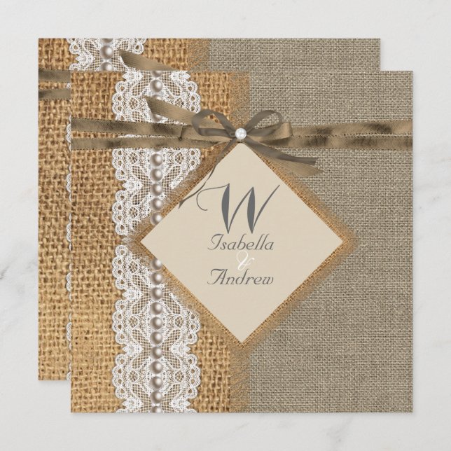 Rustic Wedding Burlap Hessian Lace Pearl Invitation (Front/Back)