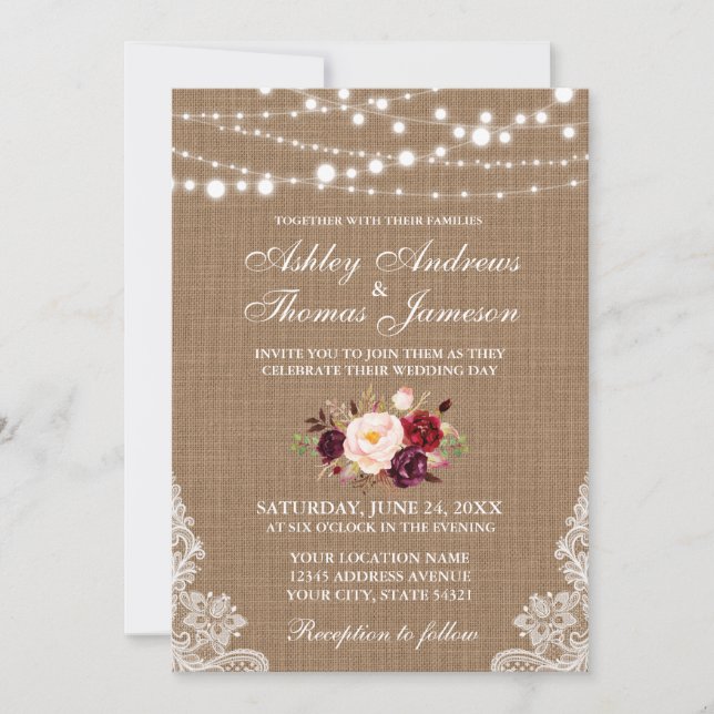 Rustic Wedding Burlap Lace Lights Floral Invite B (Front)