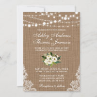 Rustic Wedding Burlap Lace Lights Floral Invite G