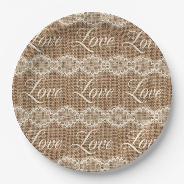 Rustic Wedding Burlap Lace Love Paper Plate (Front)