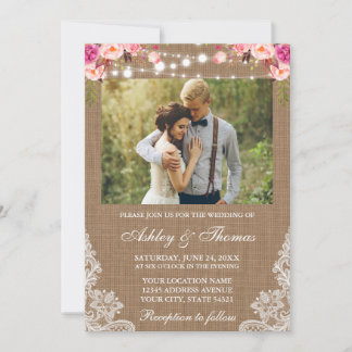 Rustic Wedding Burlap Lights Lace Floral Photo Invitation