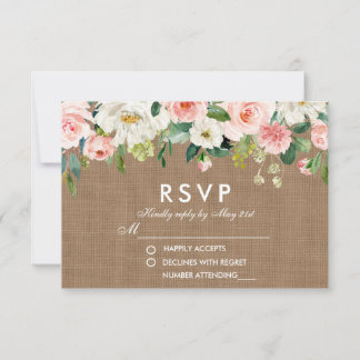 Rustic Wedding Burlap Pink White Floral RSVP Card