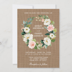 Rustic Wedding Burlap Pink White Floral Wreath Invitation
