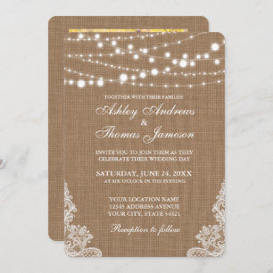 Rustic Wedding Burlap String Lights Lace Invite PR