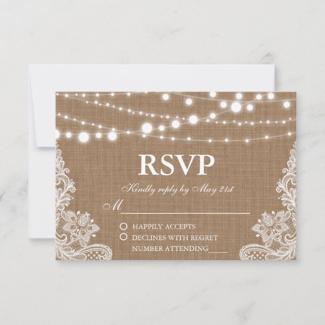 Rustic Wedding Burlap String Lights Lace RSVP Card (Front)