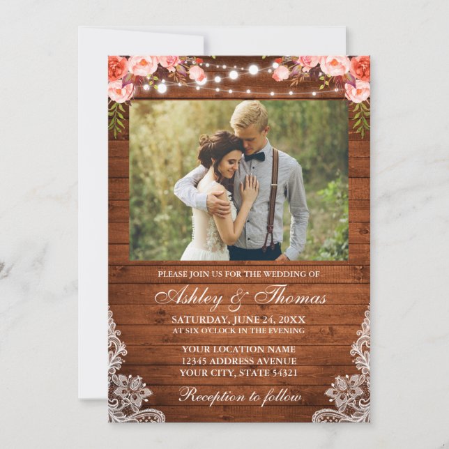 Rustic Wedding Coral Floral Wood Lights Lace Photo Invitation (Front)