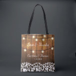 Rustic Wedding Country Barn, Lace, String Lights Tote Bag<br><div class="desc">Surprise your guests or bridal party with this beautiful personalised tote bag featuring a rustic design with twinkle light and vintage white lace set against a barnwood background. Personalise with 3 lines of custom text. Use as a thank you bag for your out of town guest and fill with sweet...</div>