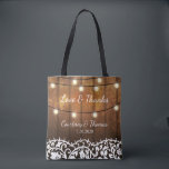 Rustic Wedding Country Barn, Lace, String Lights Tote Bag<br><div class="desc">Surprise your guests or bridal party with this beautiful personalised tote bag featuring a rustic design with twinkle light and vintage white lace set against a barnwood background. Personalise with 3 lines of custom text. Use as a thank you bag for your out of town guest and fill with sweet...</div>
