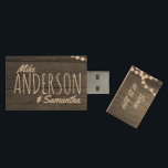 Rustic Wedding Couple's Names Date Personalised Wood USB Flash Drive<br><div class="desc">Faux barn wood string lights rustic wedding USB gift. Personalise it with couple's names & wedding date. Click customise it button to change fonts,  adjust the text size... .etc.</div>
