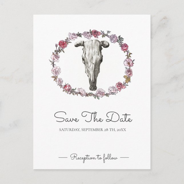 Rustic Wedding Cow Skull Pink Roses Save The Date Postcard (Front)
