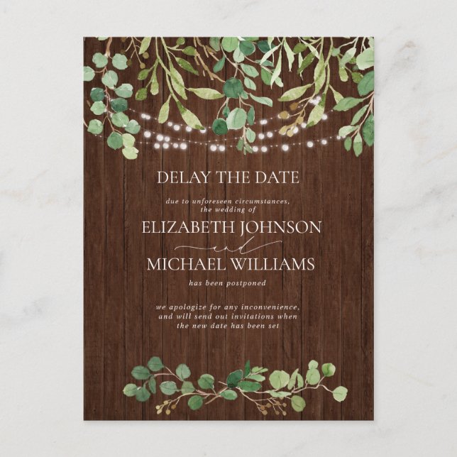 Rustic Wedding Date Postponement Eucalyptus Wood Announcement Postcard (Front)