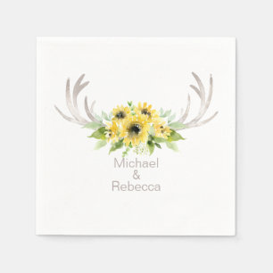 Rustic Wedding Deer Antlers Sunflowers Monogram Napkin