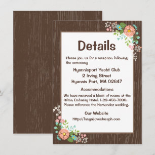 Rustic Wedding Details Brown Wood Pink Floral Invitation