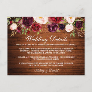 Rustic Wedding Details Burgundy Floral Wood Card