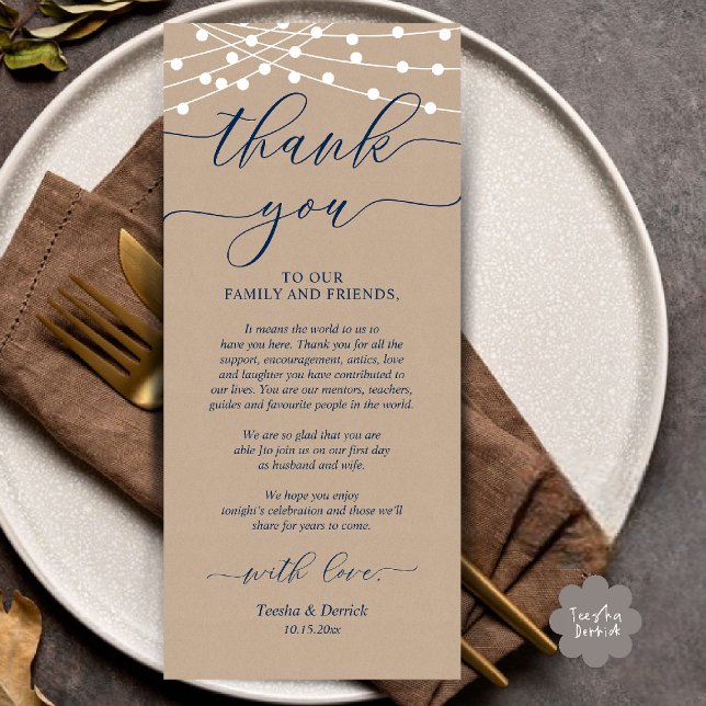 Rustic Wedding Dinner Place Setting Thank You Card (Rustic Wedding Dinner Place Setting Thank You Card Reception in Cottage Brown Kraft String Lights)