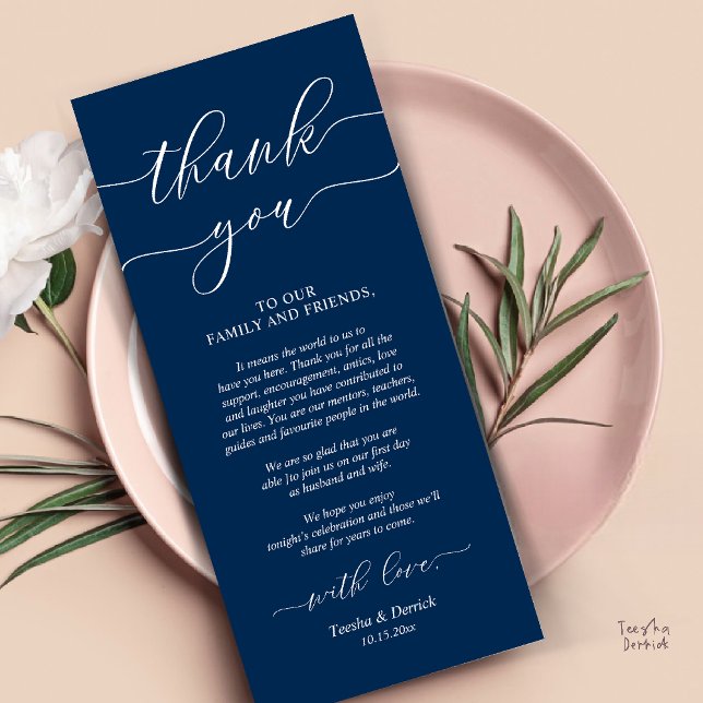 Rustic Wedding Dinner Place Setting Thank You Card (Rustic Wedding Dinner Place Setting Thank You Card Reception in Navy Blue Script )