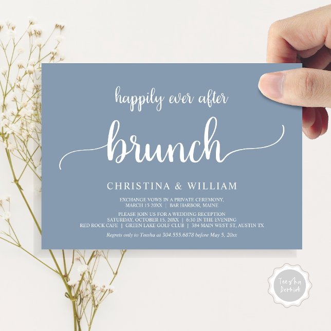 Rustic Wedding Elopement Happily Ever After Brunch Invitation (Rustic Wedding Elopement Happily Ever After Brunch Invitation Card, PDF, in Dusty Blue)