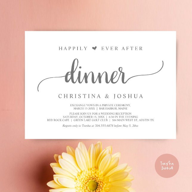 Rustic Wedding Elopement Happily Ever After Dinner Invitation (Happily Ever After Dinner Invitation Card, Modern Elopement Rustic Script, PDF, Dark Grey)