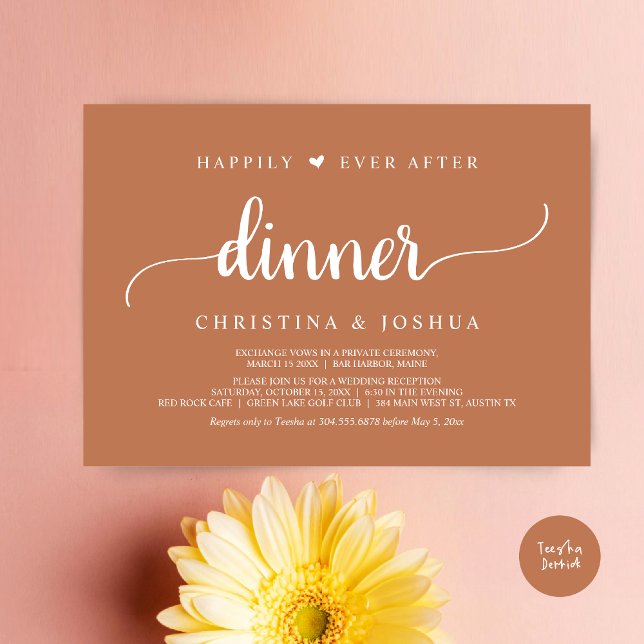Rustic Wedding Elopement Happily Ever After Dinner Invitation (Happily Ever After Dinner Invitation Card, Modern Elopement Rustic Script, PDF, Copper Brown)