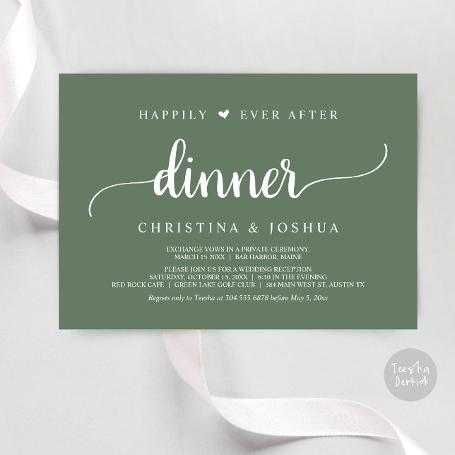 Rustic Wedding Elopement Happily Ever After Dinner Invitation (Happily Ever After Dinner Invitation Card, Modern Elopement Rustic Script, PDF, Forest Sage Green)
