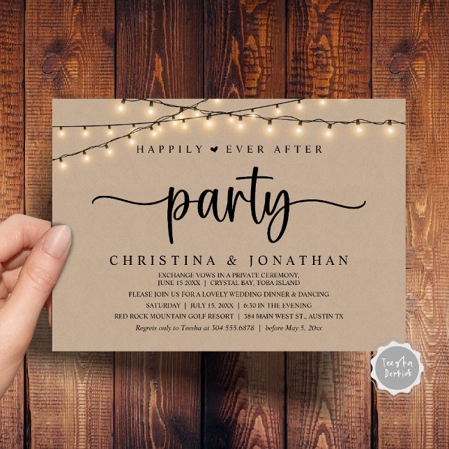 Rustic Wedding Elopement, Happily Ever After Party Invitation (Rustic Wedding Elopement, Happily Ever After Party Invitation Card, PDF, String Lights Brown Kraft)