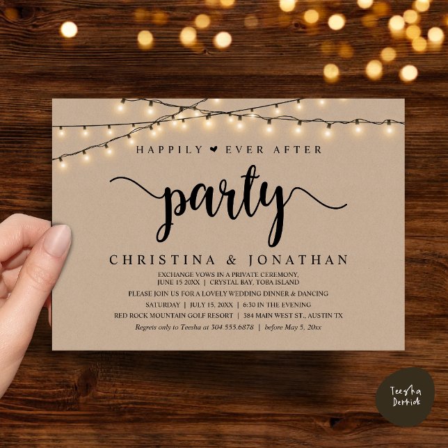 Rustic Wedding Elopement, Happily Ever After Party Invitation (Rustic Wedding Elopement, Happily Ever After Party Invitation Card, PDF, String Lights Brown Kraft)