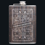 Rustic Wedding Flask – Best Man Gift<br><div class="desc">Celebrate your best man with this rustic and stylish personalised hip flask, featuring an engraved-look design on a dark woodgrain background. Customisable with the best man's name and your wedding date, this flask makes a perfect keepsake or proposal gift for the guy standing by your side. The elegant scrollwork and...</div>