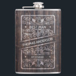 Rustic Wedding Flask – Best Man Gift<br><div class="desc">Celebrate your best man with this rustic and stylish personalised hip flask, featuring an engraved-look design on a dark woodgrain background. Customisable with the best man's name and your wedding date, this flask makes a perfect keepsake or proposal gift for the guy standing by your side. The elegant scrollwork and...</div>