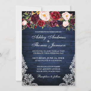 Rustic Wedding Floral Blue Wood Lace Invite