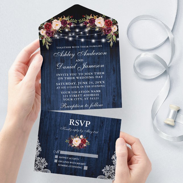 Rustic Wedding Floral Blue Wood Lace Lights All In One Invitation (All In One Wedding Invitation with tear off RSVP Card)