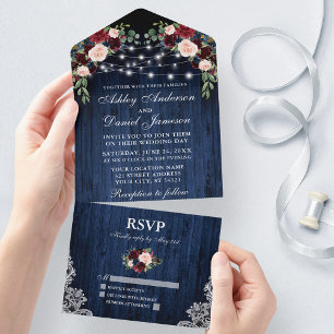 Rustic Wedding Floral Blue Wood Lights Lace All In One Invitation