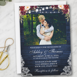 Rustic Wedding Floral Blue Wood Lights Lace Photo Invitation