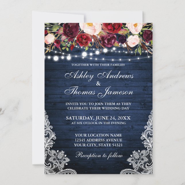 Rustic Wedding Floral Lace Blue Wood Lights Invitation (Front)