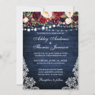 Rustic Wedding Floral Lace Blue Wood Lights Invitation