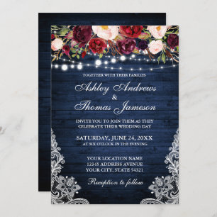 Rustic Wedding Floral Lace Blue Wood Photo Invitation