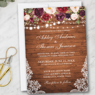 Rustic Wedding Floral Lace Wood Invite