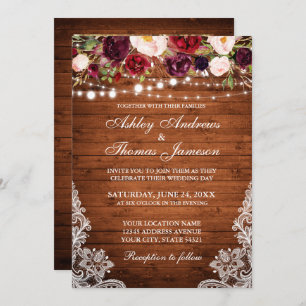 Rustic Wedding Floral Lace Wood Photo Invitation