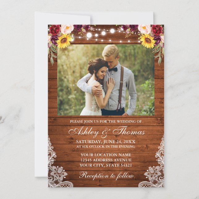 Rustic Wedding Floral Wood Lights Lace Photo Invitation (Front)