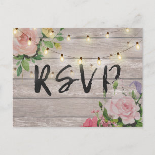 Rustic Wedding Floral Wood String Light RSVP Reply Invitation Postcard