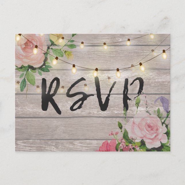 Rustic Wedding Floral Wood String Light RSVP Reply Invitation Postcard (Front)