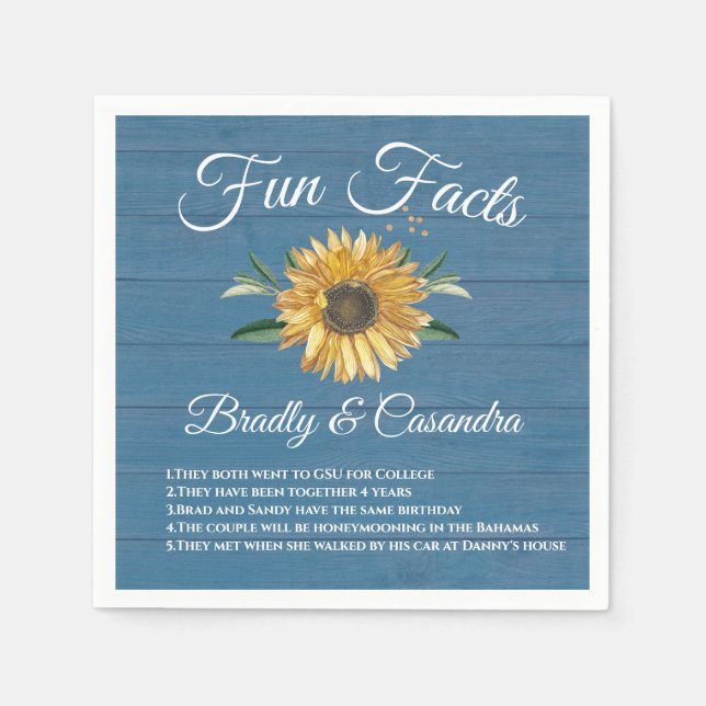 Rustic Wedding Fun Facts Sunflower  Blue Wood  Napkin (Front)