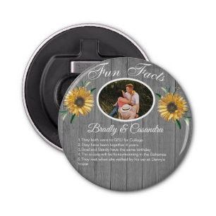 Rustic Wedding Fun Facts Sunflower Grey Wood Bottle Opener