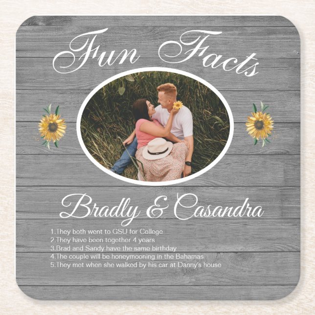 Rustic Wedding Fun Facts Sunflower Grey Wood  Square Paper Coaster (Front)