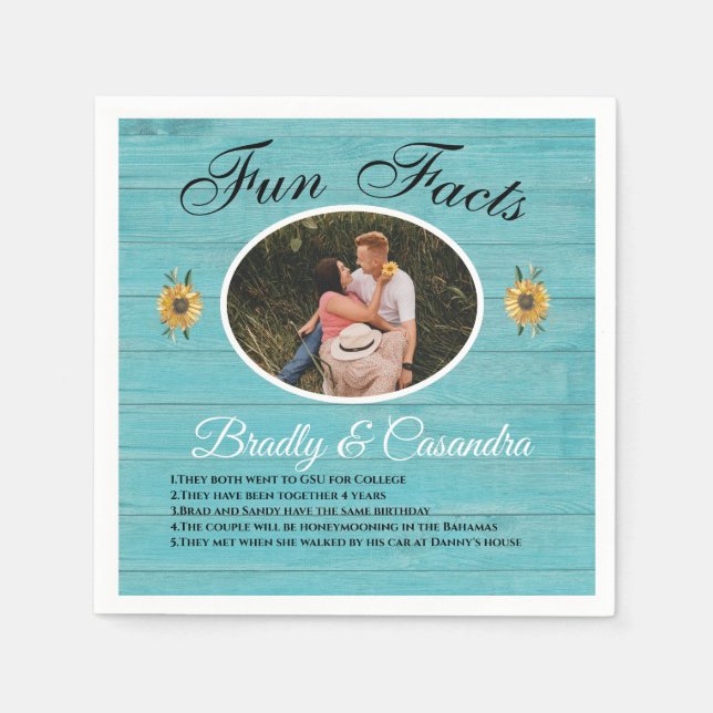 Rustic Wedding Fun Facts Sunflower Light Teal Wood Napkin (Front)