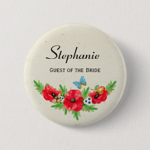 Rustic Wedding Guest Red Poppy Watercolor and Name 6 Cm Round Badge