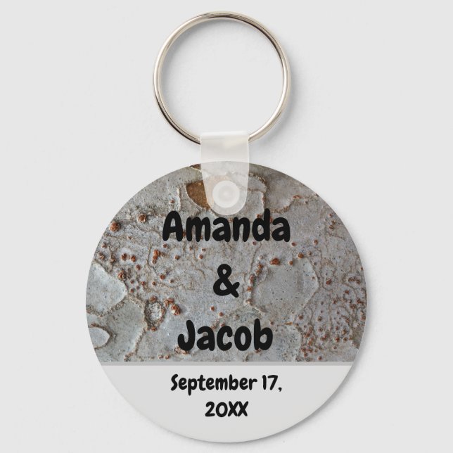 Rustic Wedding Guest Tree Bark Photo Favor Key Ring (Front)