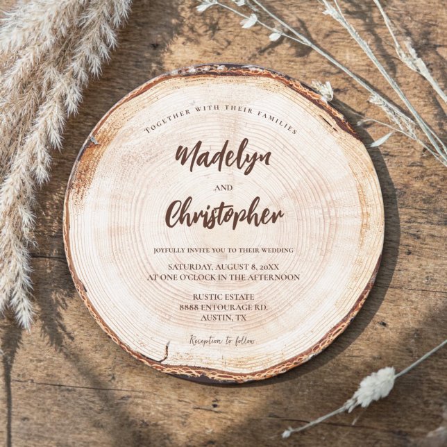 Rustic Wedding Handlettering Script Wood Cut Slice Invitation (Unique round wedding card with a rustic wood cut slice background.)